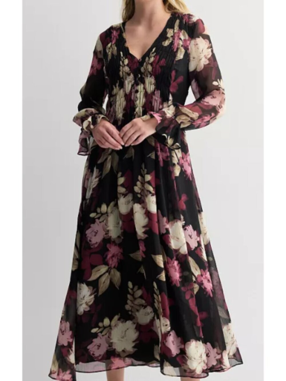 Taylor Chiffon Floral Print Dress Long Sleeve Size 16/XL Smoke V-Neck Party - Picture 10 of 12